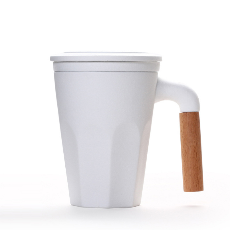 木柄泡茶杯帶蓋過濾茶杯 陶瓷馬克杯LOGO定制 商務(wù)禮品
